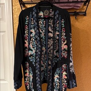 Johnny Was Black Cardigan with Multicolor Embroidery
